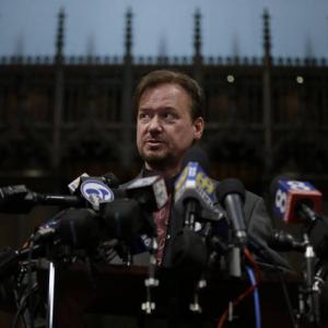 The Rev Frank Schaefer at a press conference following his reinstatement at First UM Church of Germantown PA 2014