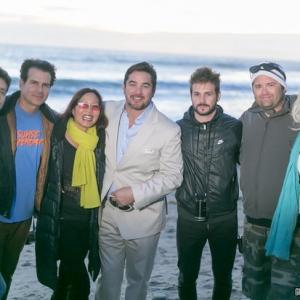 Aaron Lee, Vincent De Paul, Joyce Chow, Dean Cain, Christian Filippella, Brian Skiba and Donna Spangler on the set of Beverly Hills Christmas in Malibu, CA. December 2014.