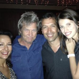 a picture with us  Jeff Bridges at the rap party for The Giver From left to right Olivia miccoliJeff BridgesJustin Miccoli Irina Miccoli