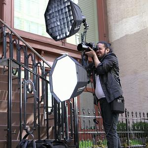 Jason shooting tests on location in NYC, with the custom rig he uses for Six Beats Of Separation photo-shoots.