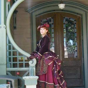 as Odessa Red Living History/Old West re-enactor, 1878 natural form visiting dress.