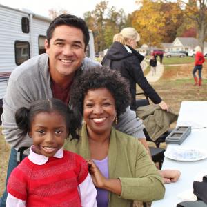 Dean Cain Kendall Joy Hall and A Lee Stone on the set of A Belle for Christmas