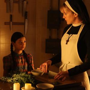 Nikki Hahn and Lily Rabe on set of American Horror Story - Asylum - The Origins of Monstrosity 2012