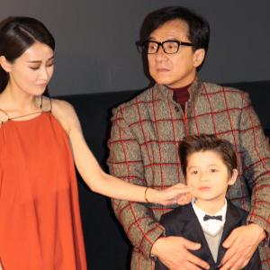 Lin Peng  Jackie Chan play with Jozef Waite in Beijing China at the Dragon Blade premiere February 2015