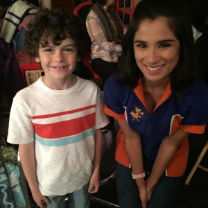 Zachary Rifkin with Diane Guerrero on the set of Super Clyde.