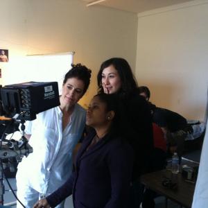 Director Jeanne Jo with actress Sean Young and set dresser Namina Forna on the set of MARRA in 2012