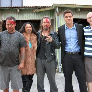 On set: David Whittet (Director) with John Stainton (Koriata), Lisa Beach (Alice) and gangster extras.