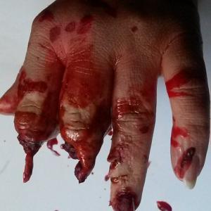 Horror film test make up of severed hand for The Snarling by Jenny Binns