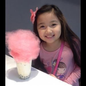 Raina Cheng about to enjoy this pretty bubble tea with cotton candy! 11/2015