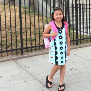 Raina Cheng in front of her Gifted & Talented Middle school on the 1st day of school, 2015. She was accepted a seat in this much sought after school because of her high scores of the Common Core Statewide tests and Drama Audition for Admittance.