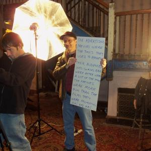 Working the cue cards, with Chris Monaco, on the Lansdowne Theater set of 