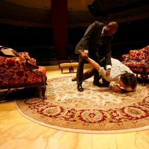 Gregory Mikell and fellow Actor Artistic Director Ezra Barnes fight in scene from the 2008 US premier of Breakfast With Mugabe by author Frazier Grace