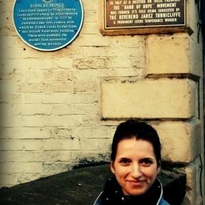 Oksana Belousova at the location where the first film was ever made Leeds Bridge Leeds Uk