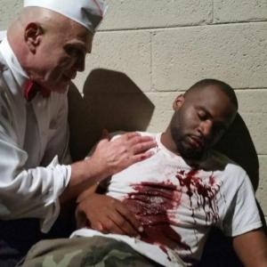Trayvon Williams on set of feature film Ice cream Man as Frank
