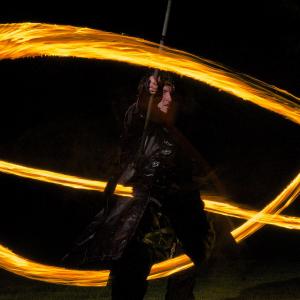 Spinning fire staff as Guardian Esper promoting new steampunk web series Antediluvian.