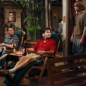 Still of Charlie Sheen Jon Cryer Angus T Jones and Tinashe in Two and a Half Men 2003