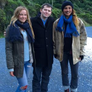 Joshua Good with actresses Rosa Garcia Knight and Karishma Grebneff on location in Kaikoura New Zealand