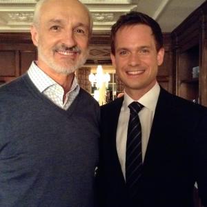 Michael Gross and Patrick J Adams on the set of SUITS Michael reoccurs as character Walter Gillis in the 2014 season of USA Networks hit series
