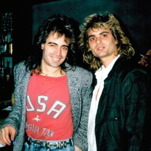 Gerard de Marigny and Nicky Kalliongis of Arista Records party in Manhattan - c. 1987.