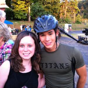 Morgan Duffey in 2012 on set of Space Warriors 2013 with Boo Boo Stewart