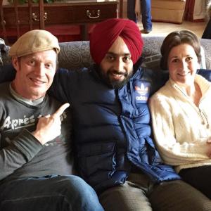 Satinder Sartaaj with Jason Flemyng and Amanda Root British Actors during the shooting of 'The Black Prince'