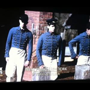 Screen grab of me in the middle as a West Point Cadet in Episode 8 George Custer of Season 1 of Legends and Lies