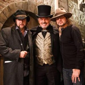 Cape made by Steampunk Works & KVO Design for Ray Wise, seen here with Christopher Saint Booth & Philip Adrian Booth of SPOOKED TV. 