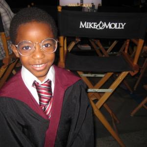 Alex in his Harry Potter costume on set of Mike  Molly for his costarring role