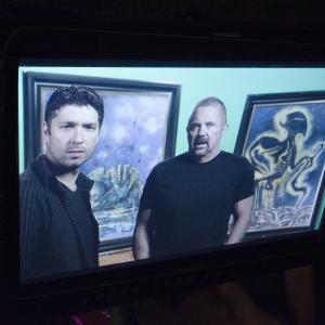 Jin Kelley with Kane Hodder on the set of Nightmares.