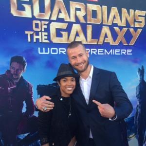 Actress Parris Franz Fluellen and actor Glen Powell on the red carpet for 'Guardians of The Galaxy' movie premiere in Hollywood, at the Dolby Theatre