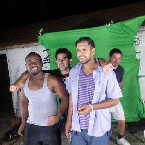 Mushad Moore (Dre), Matt Acho (Brad) and Ryan D'Silva (Rami) taking a group picture on the last day of filming The Boonies