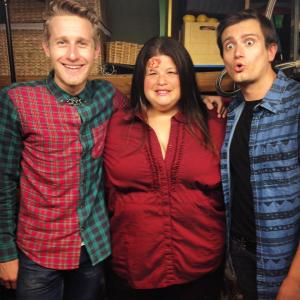 Matt Cullen and Troy LaPersonerie with guest star Lori Beth Denberg on the set of their comedic series Raymond  Lane