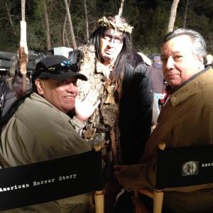 On the set of American Horror Story Daniel TwoFeathers as Native American Shaman