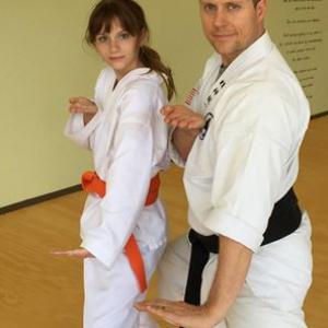 Brooke after Karate Belt Testing at Pacific Martial Arts in Los Angeles with Mr Knight