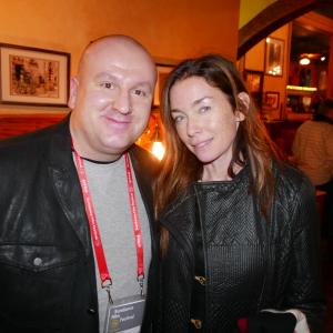 Associate Producer Christopher Keogh with Ten Thousand Saints star Julianne Nicholson at Ciseros Restaurant in Park City Utah Sundance Film Festival 2015
