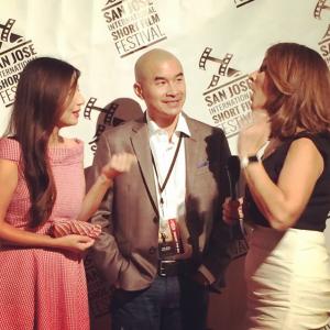 Ed Moy with Katherine Park and Marcella Cortland on red carpet at 2015 San Jose International Short Film Festival