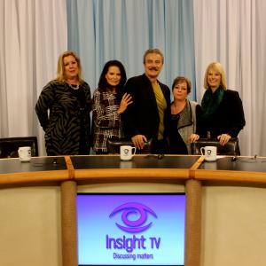 Lynda Cheldelin Fell with cohosts Denise Brown Too, Angie Cartwright, Danielle Pierre and guest Victor Rivas Rivers on set at Orange County Sound Stage. Irvine, CA. Oct. 2014
