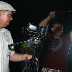 Doug Cole (Camera) and Stephen Dixon (boom mic) on the set of Exit 101 at the Halloween Party Scene.