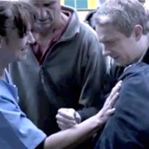 Gillian Steventon and Martin Freeman in The Reichenburg Fall, Sherlock, BBC