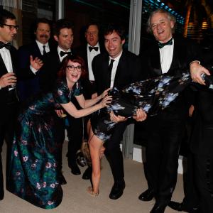 Andy Samberg Nick Offerman Adam Scott Megan Mullally Brian Doyle Murray Bill Hader Amy Poehler performing handstand Bill Murray and Paul Rudd attend the 2014 Vanity Fair Oscar Party Hosted By Graydon Carter on March 2 2014 in West Hollywood California