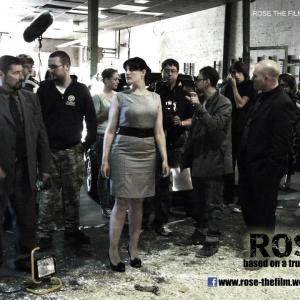 ROSE  BEHIND THE SCENE STILL Mike Mitchell as Blondie Sound Recordist Alexander Kelly Lucy White as Magdalena DOP Jason Impey Director Kemal Yildirim and Ryan Hunter as Baldo