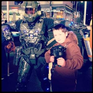 Aiden wearing his favorite Chewbacca hoodie while hanging out with the Master Chief in Hollywood
