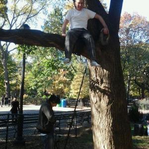 Frank Harold Tarr being rigged by stuntman for jump out of a tree in Frank  Louisa 2013