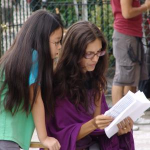 Isabel Sung and Paola Mendoza on the set of Entre Nos