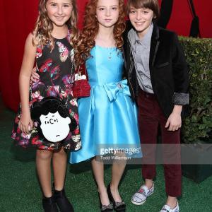 Hadley Belle Miller, Francesca Capaldi and Noah Schnapp attend the premiere of 20th Century Fox's 'The Peanuts Movie' at Regency Village Theatre in Westwood, California.