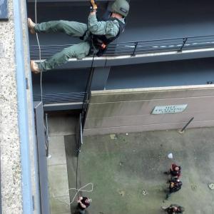 Photo was taken during a Fast Rope and Rappel Master exercise Garret Kaminskis was instructing at Cellular One Field's parking garage in Chicago, IL.