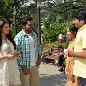 Ranga with wife Sushama  Actors Karthik and Kaajal while acting for Bru Commercial