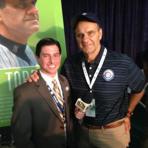 Two Saint Francis Preparatory School alumni Neil A. Carousso (left) and Hall of Fame manager Joe Torre pose for a picture after an interview in Cooperstown, NY