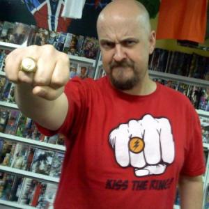 Writer Rob M. Worley wearing the T-Shirt his TV ad inspired.