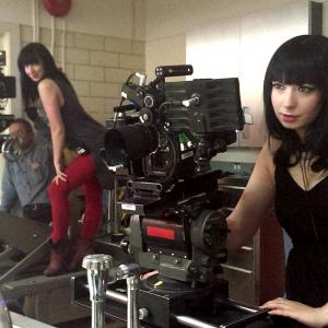 Sylvia (right) and her twin sister, Jen (left), on the set of See No Evil 2.